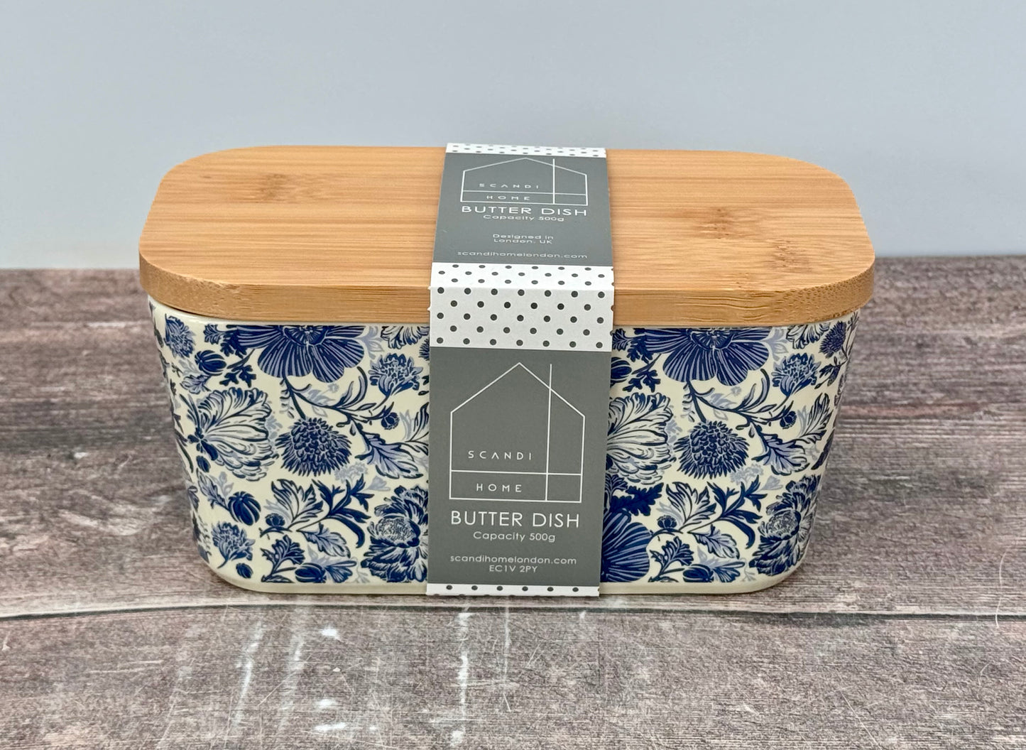 Scandi Home Blue Flower Patterned Butter Dish with Wooden Lid