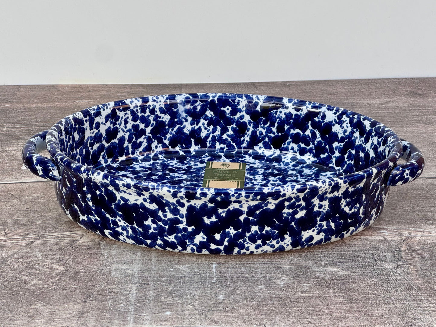 Blue and White Speckled Oval Baking Dish