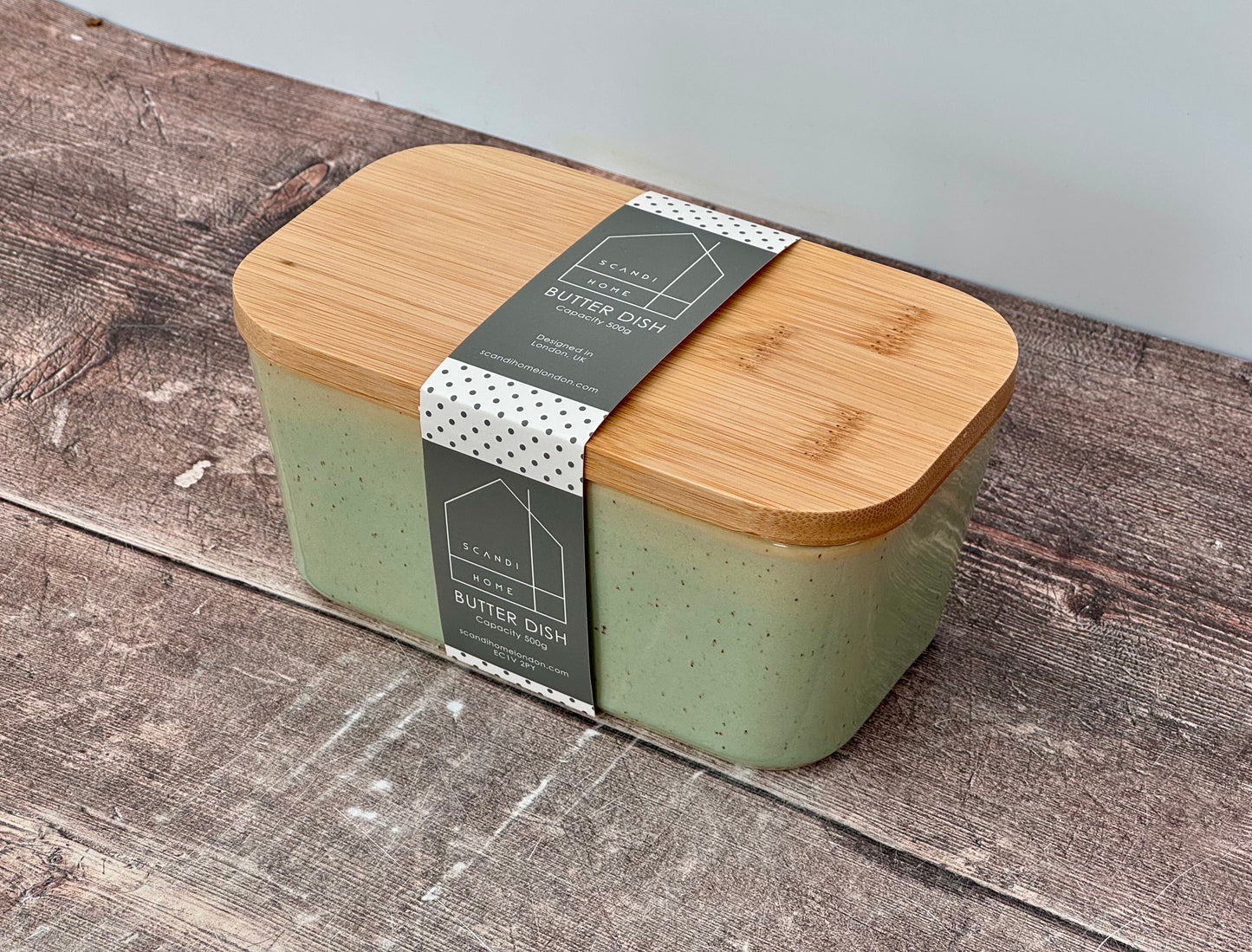 Scandi Home Pale Green Butter Dish with Wooden Lid