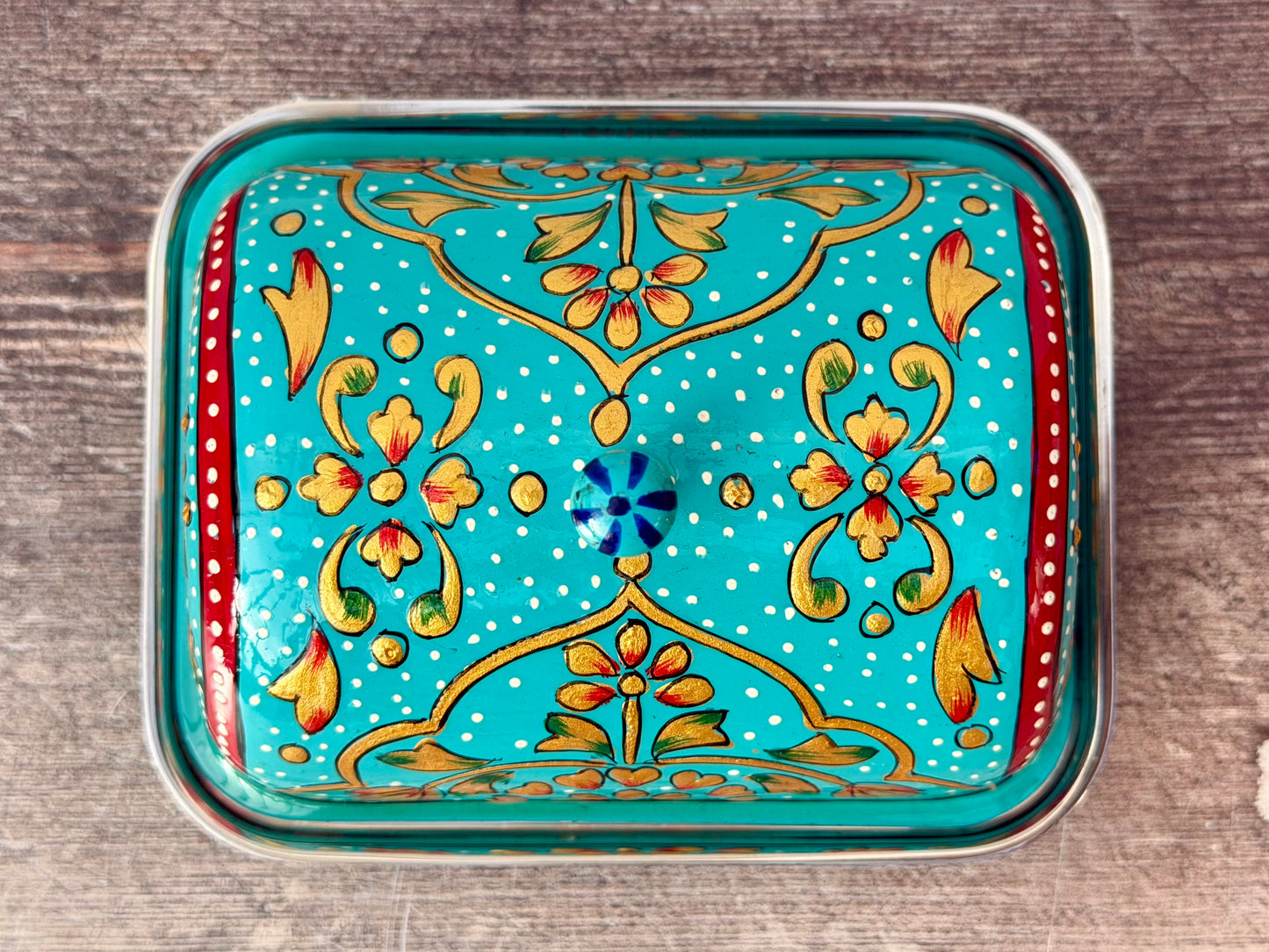 Handpainted Blue Patterned Butter Dish