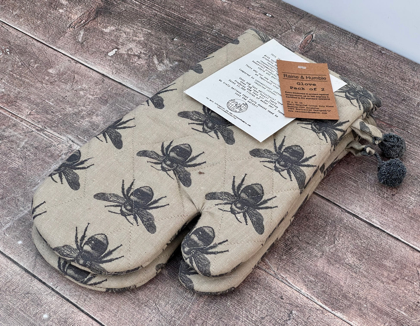Grey Bee Patterned Oven Gloves
