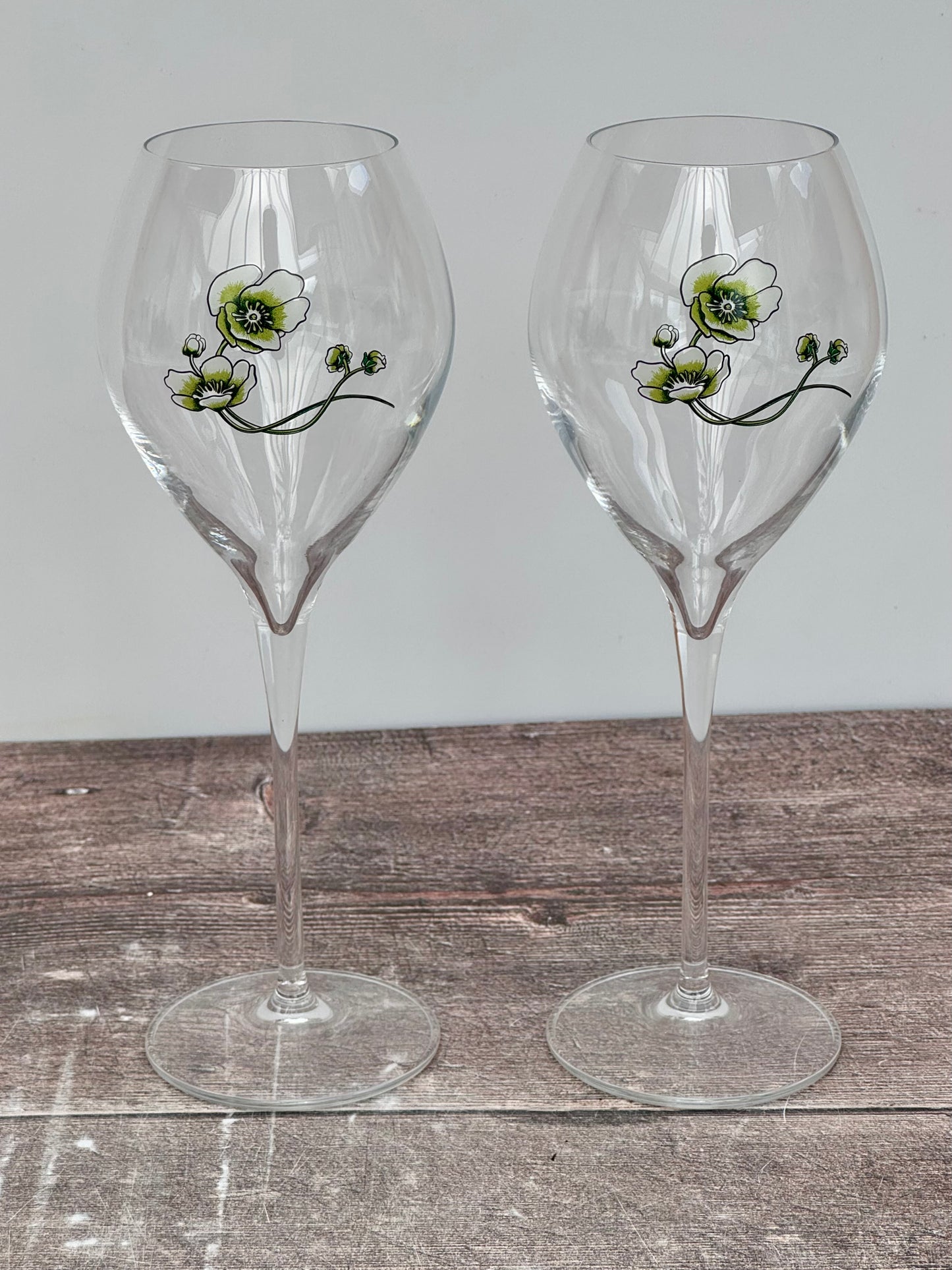 Pair of Perrier-Jouet Green Flower Champagne Glasses, 28.5cl