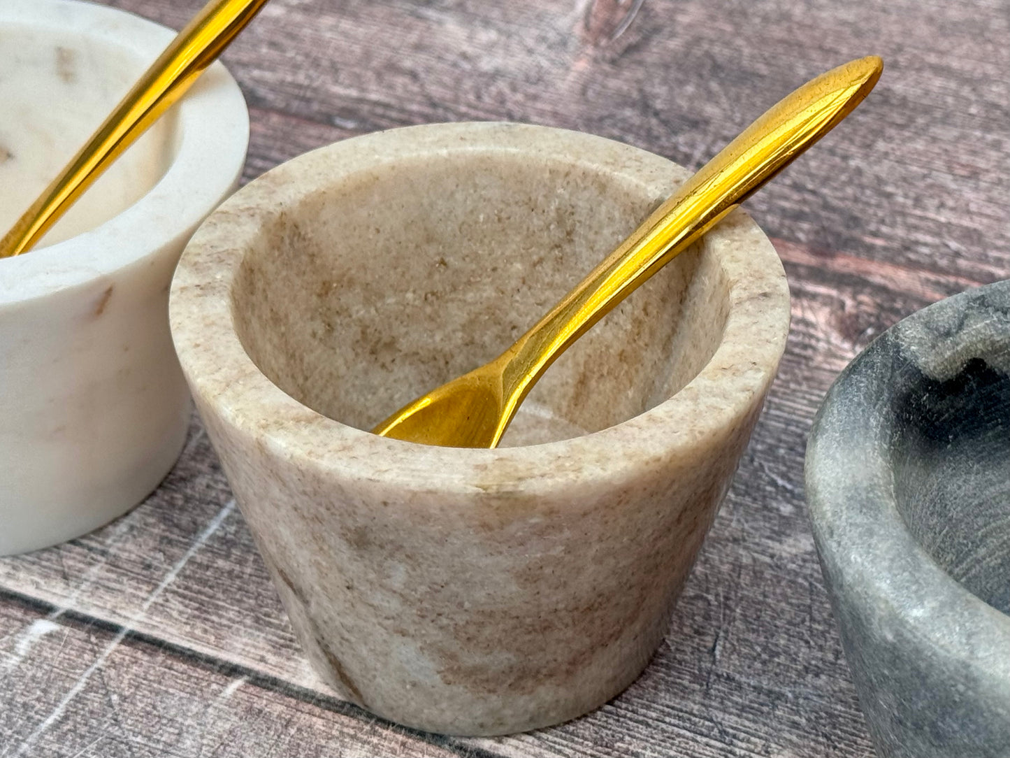 Set of 3 Marble Salt Pots and Spoons