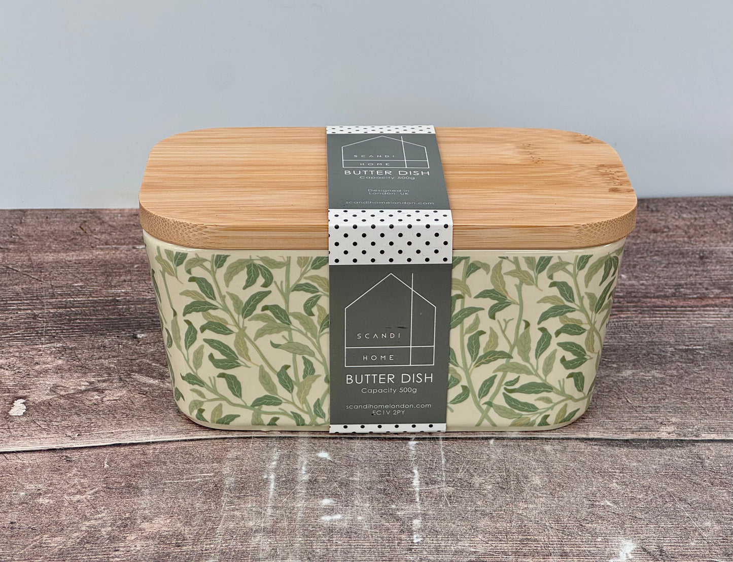 Scandi Home Green Leaves Patterned Butter Dish with Wooden Lid