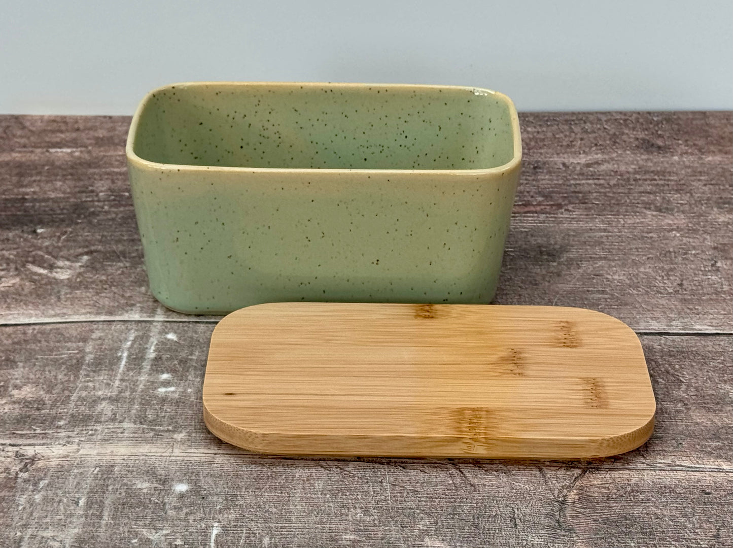 Scandi Home Pale Green Butter Dish with Wooden Lid