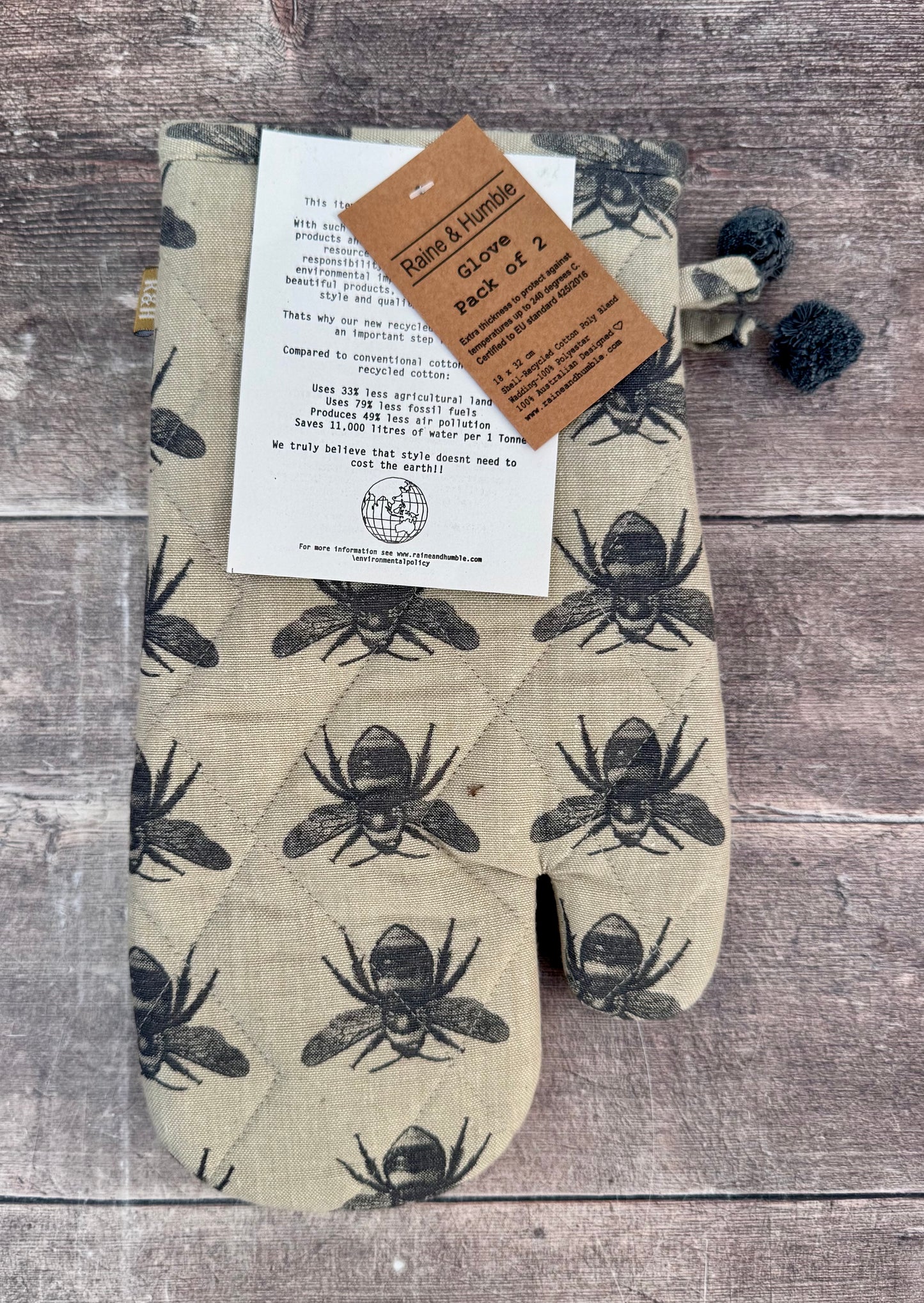 Grey Bee Patterned Oven Gloves