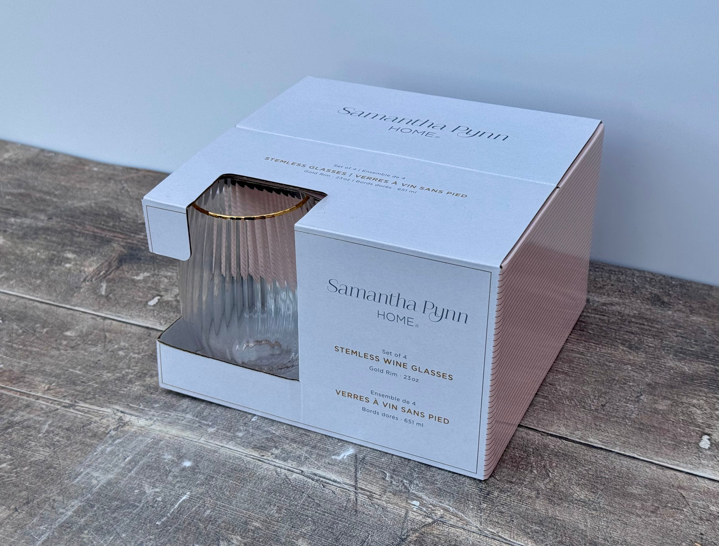 Stemless Wine Glasses with a Gold Rim, Box of 4