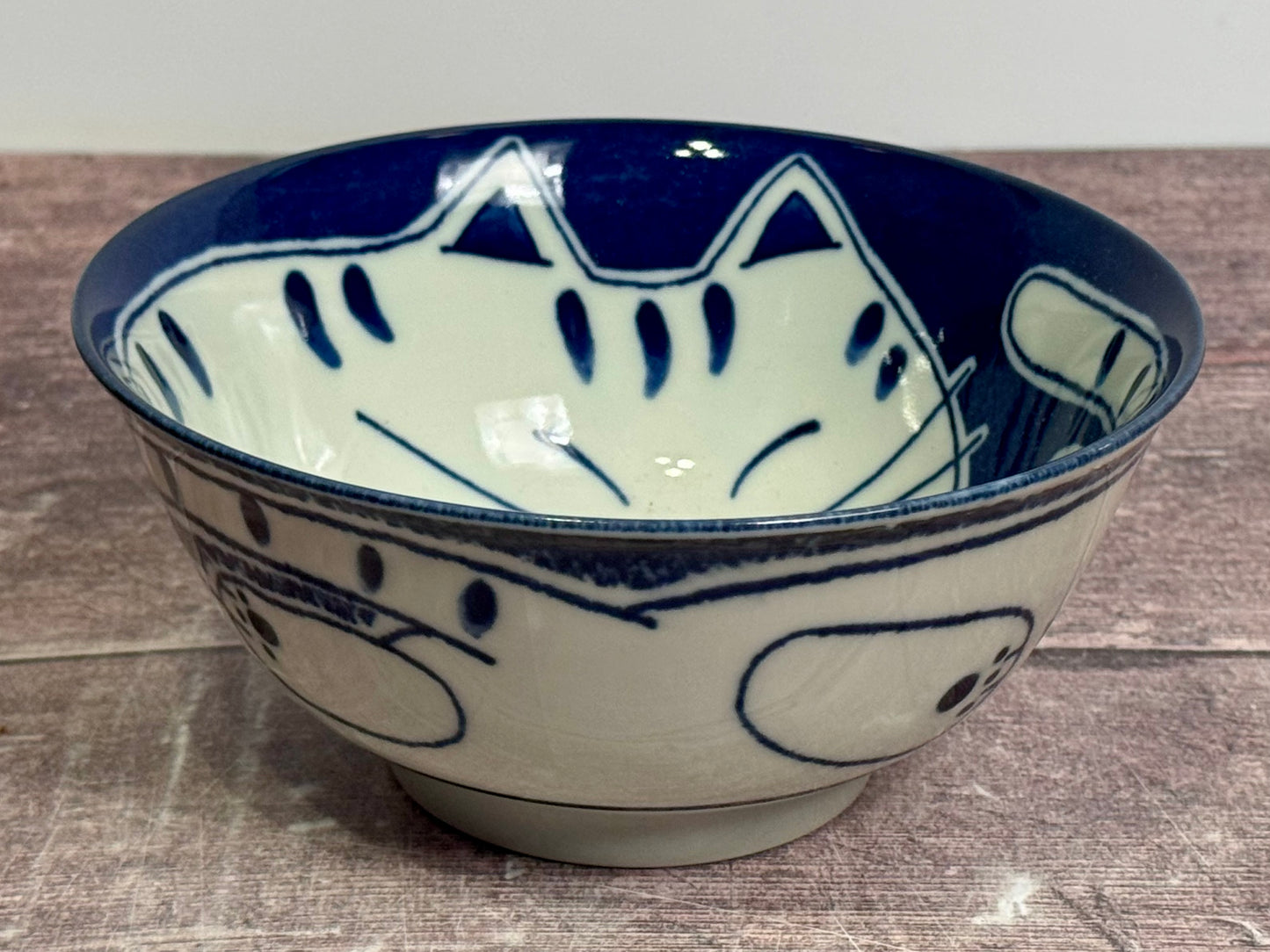 Blue and White Cat Patterned Japanese Bowl, 15cm
