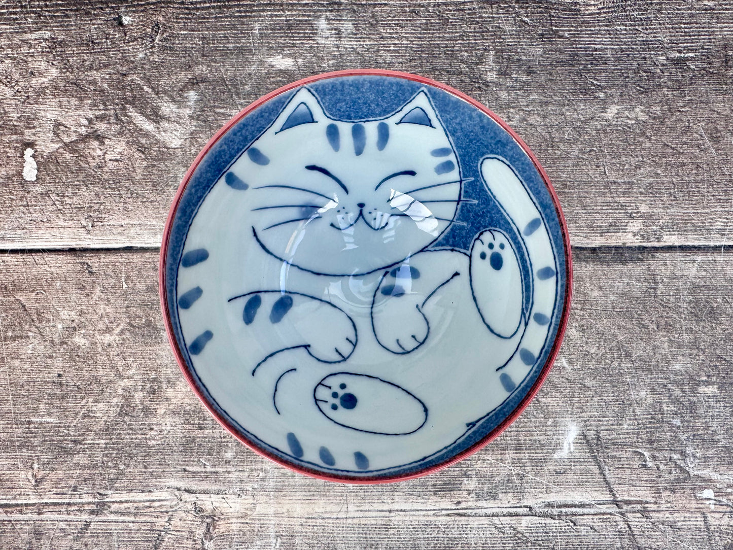 Red, Blue and White Cat Patterned Small Japanese Bowl, 11.5cm