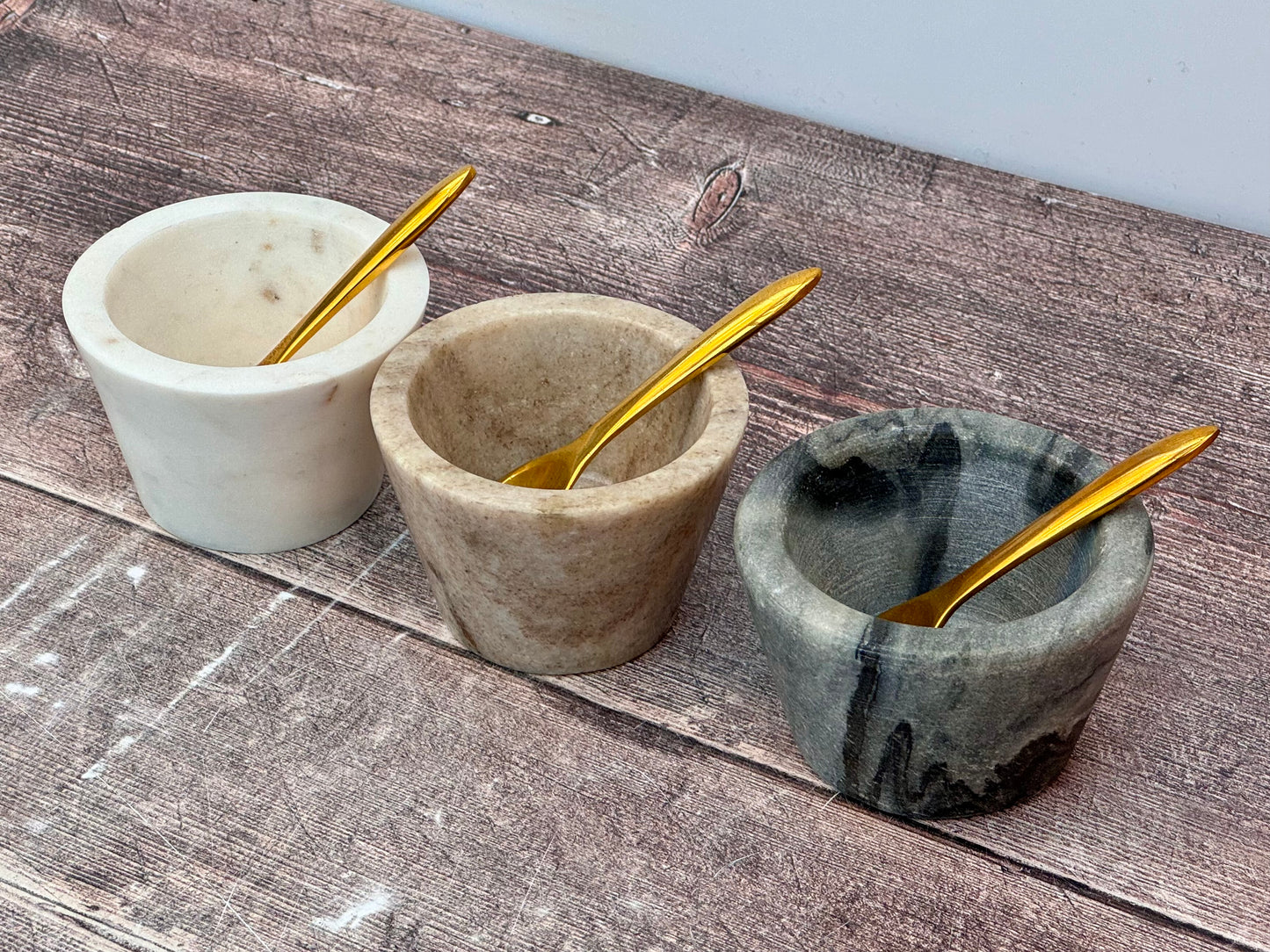 Set of 3 Marble Salt Pots and Spoons