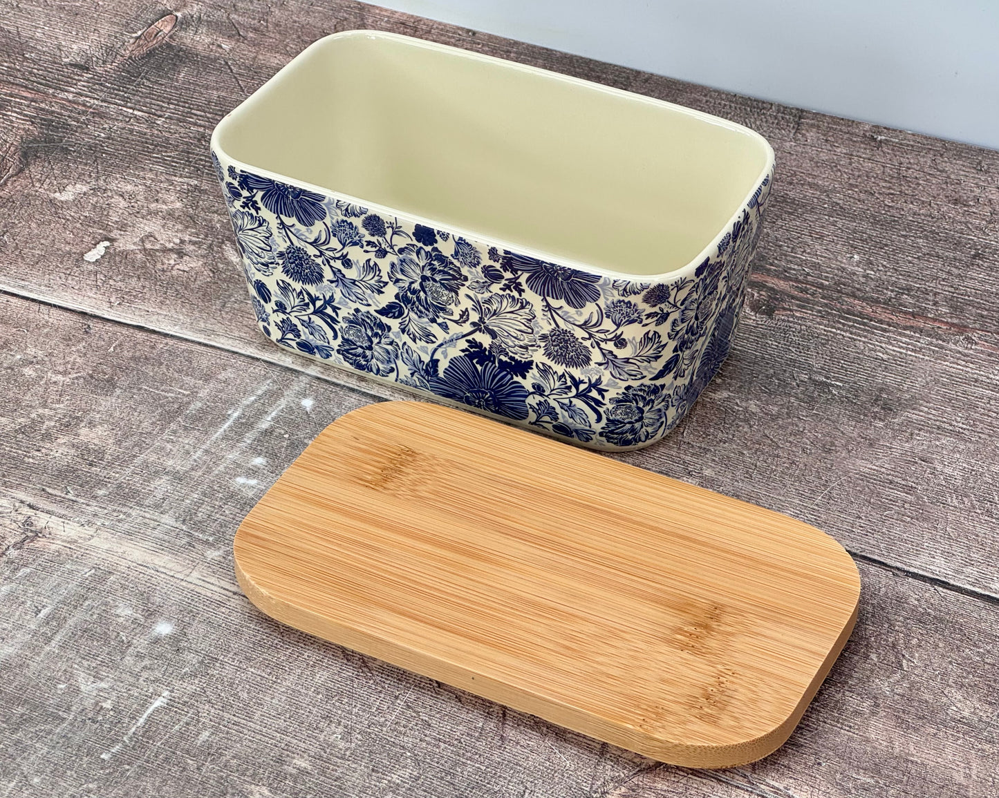 Scandi Home Blue Flower Patterned Butter Dish with Wooden Lid