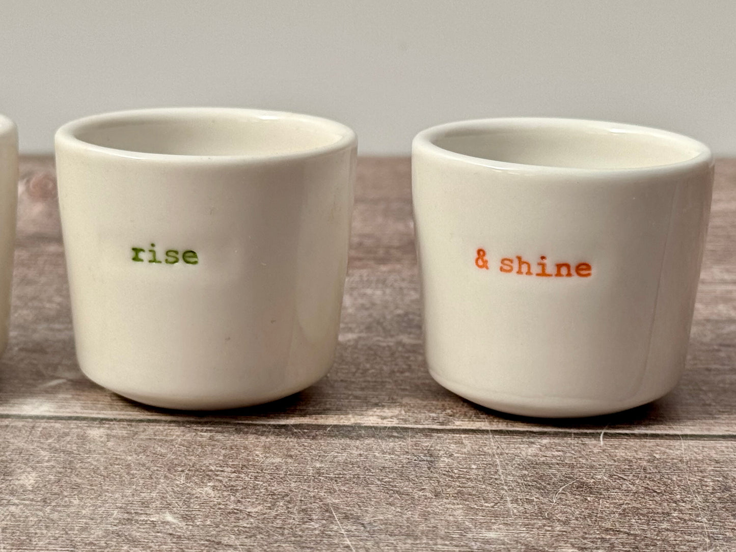 Set of 4 ‘wakey wakey rise and shine’ Egg Cups