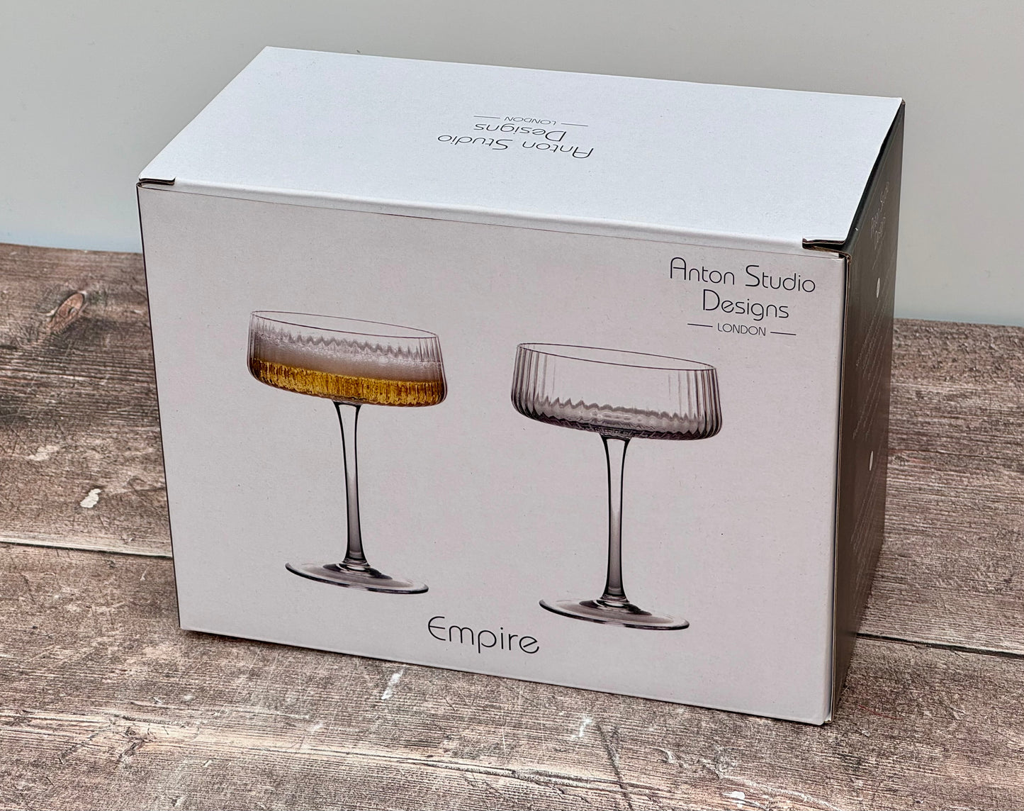 Set of 2 Ribbed/Linear Empire Champagne/Cocktail Saucer/Glasses