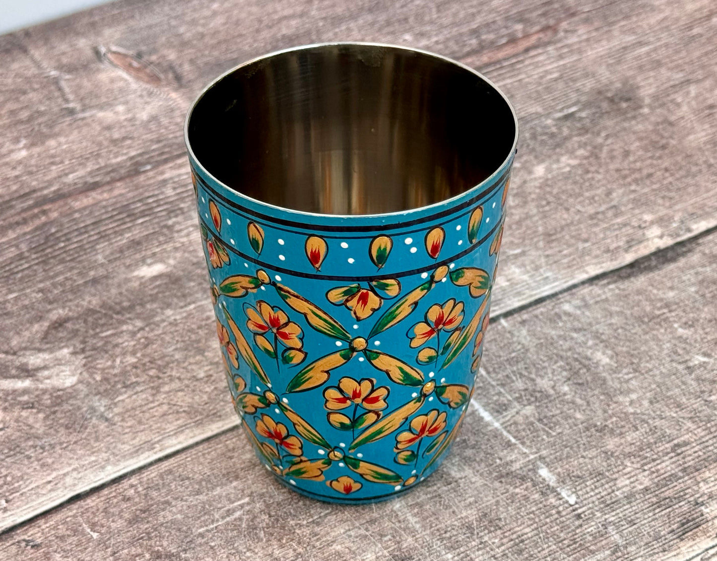 Hand Painted Stainless Steel Drinking Tumbler - Turquoise and Gold (Design 3)