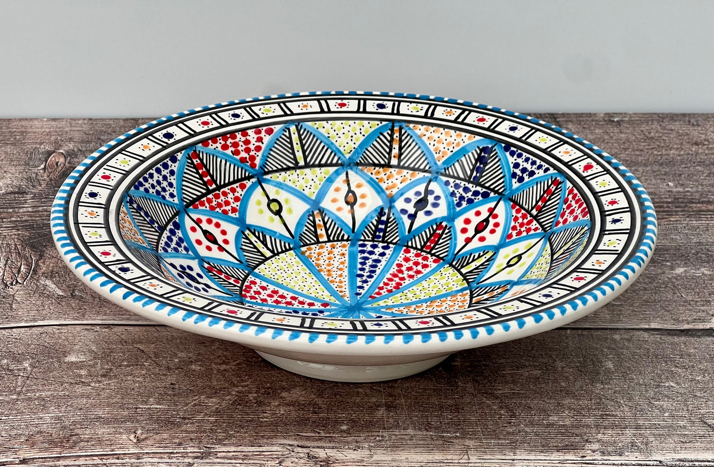 Multi Coloured Patterned Bowl with Flat Rim, 24cm