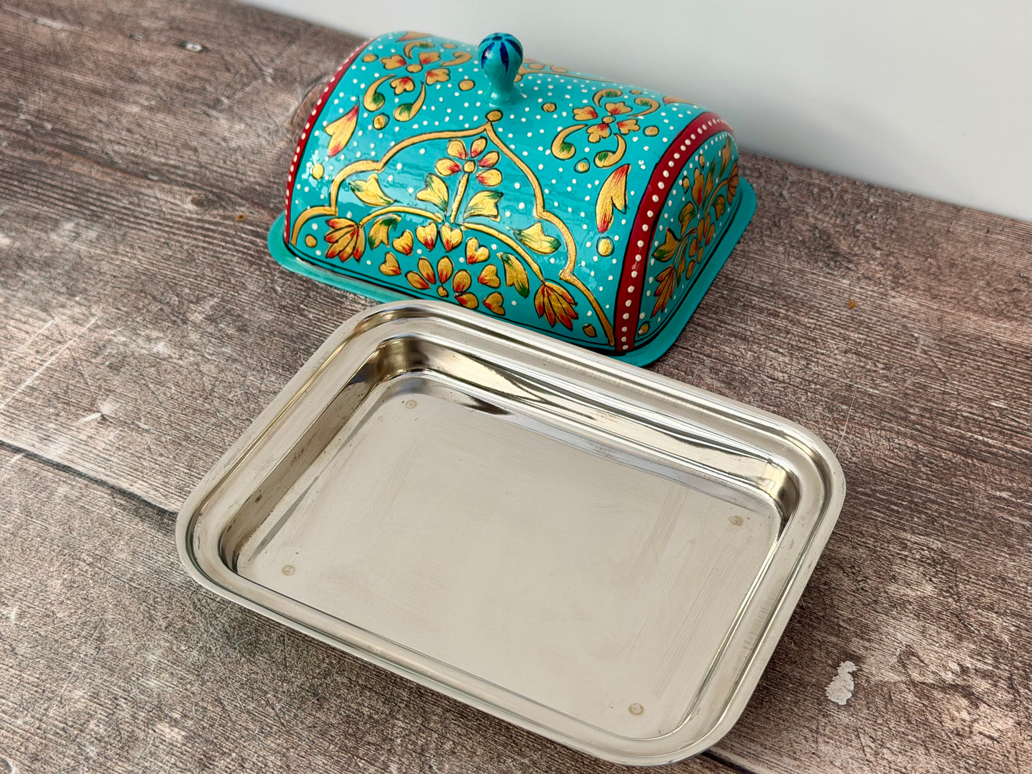 Handpainted Blue Patterned Butter Dish