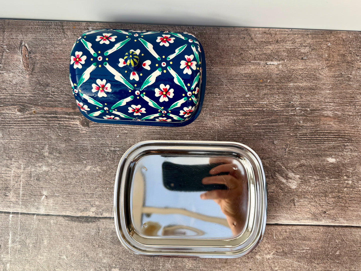 Handpainted Dark Blue Flower Patterned Butter Dish
