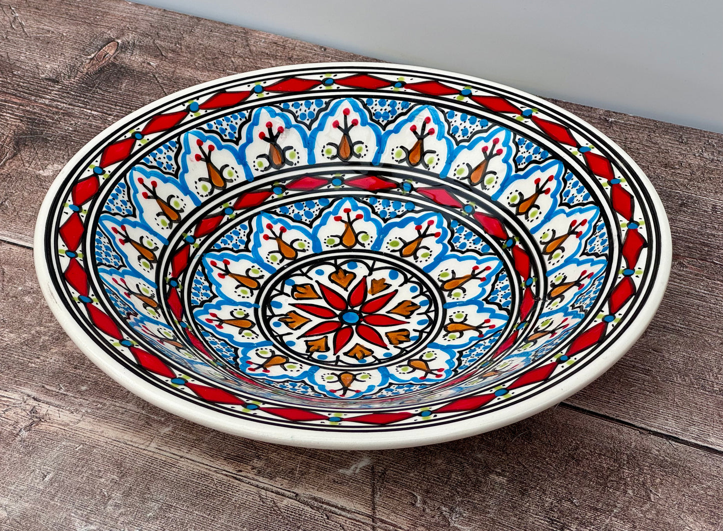 Red Patterned Bowl with Flat Rim, 27cm