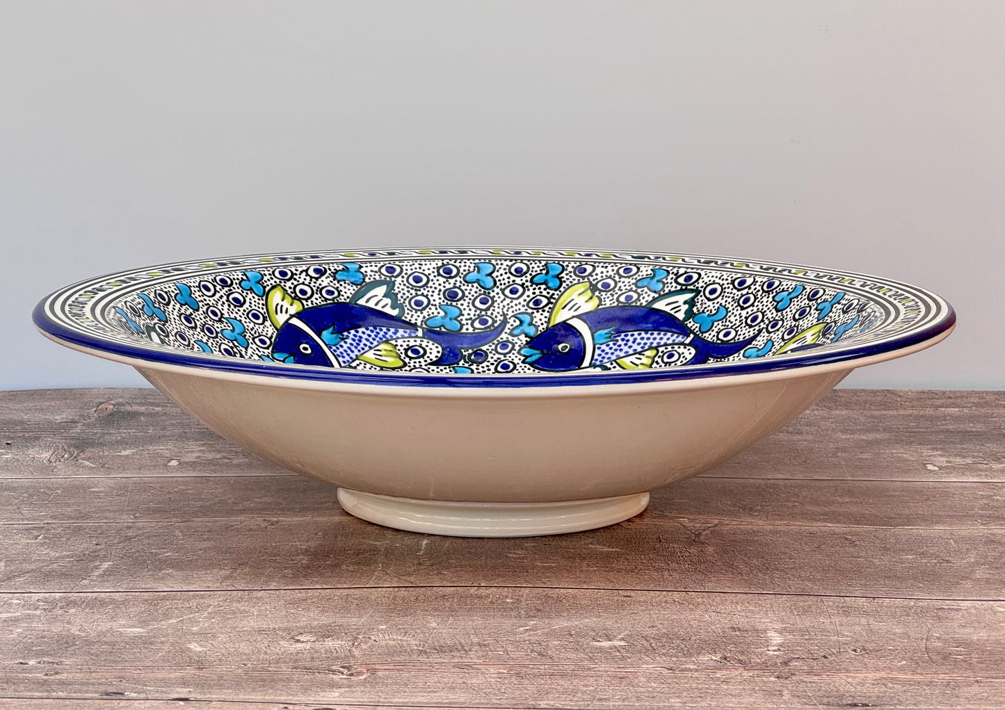 Dark Blue Fish Patterned Bowl with Flat Rim, 43cm