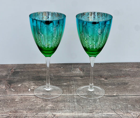 2 Peacock Wine Glasses