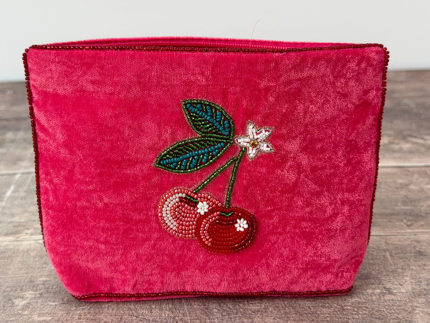 Pink Velvet Beaded Cherry Design Pouch