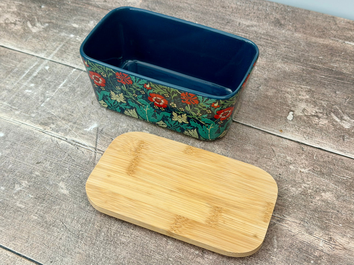 Scandi Home Navy Multi-Coloured Flower Patterned Butter Dish with Wooden Lid