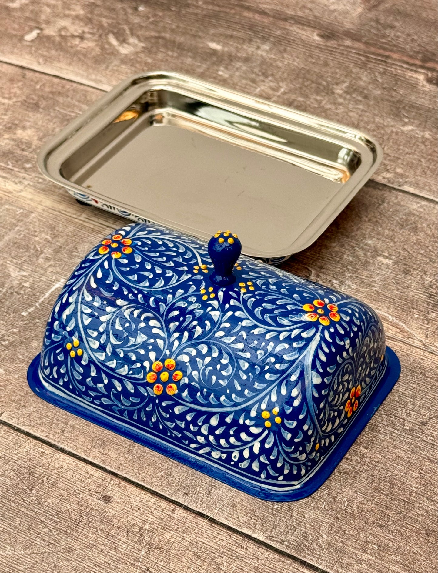 Handpainted Blue Swirl Patterned Butter Dish