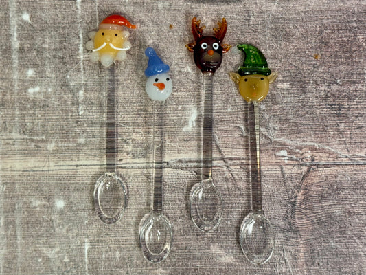 Set of 4 Glass Christmas Patterned Spoon Set