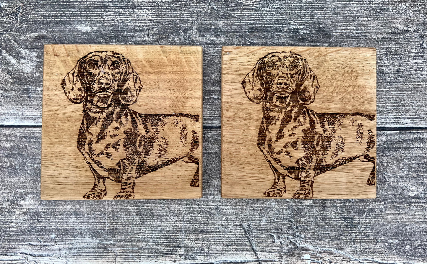 Set of 2 Oak Dachshund Sausage Dog Coasters