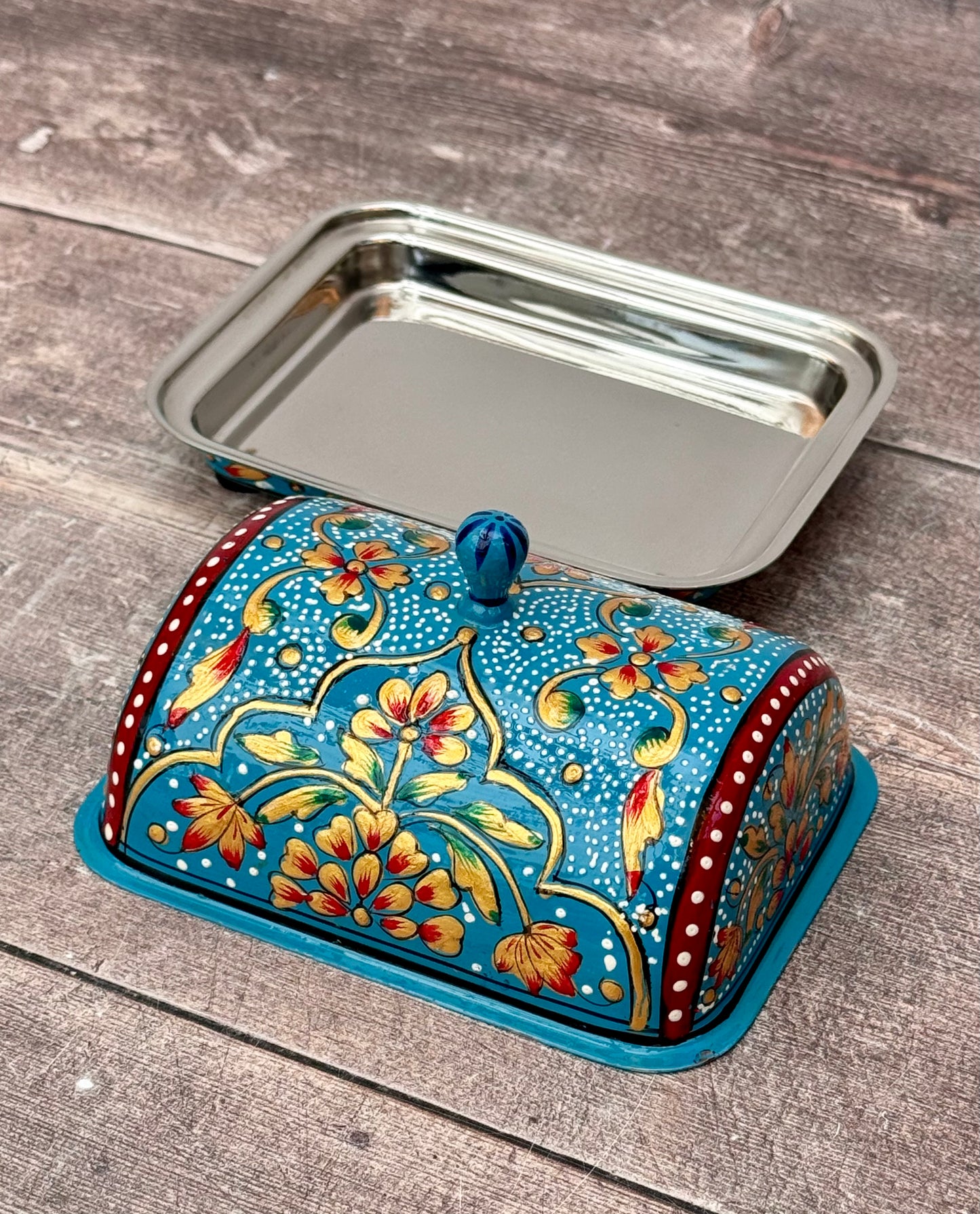 Handpainted Blue Patterned Butter Dish