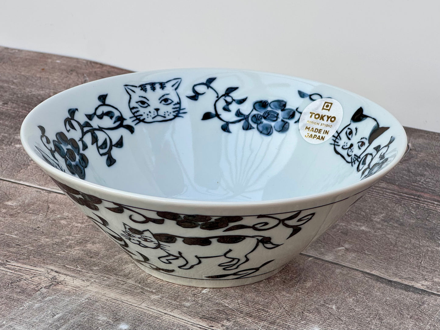 Blue and White Cat Patterned Japanese Bowl, 20.5cm