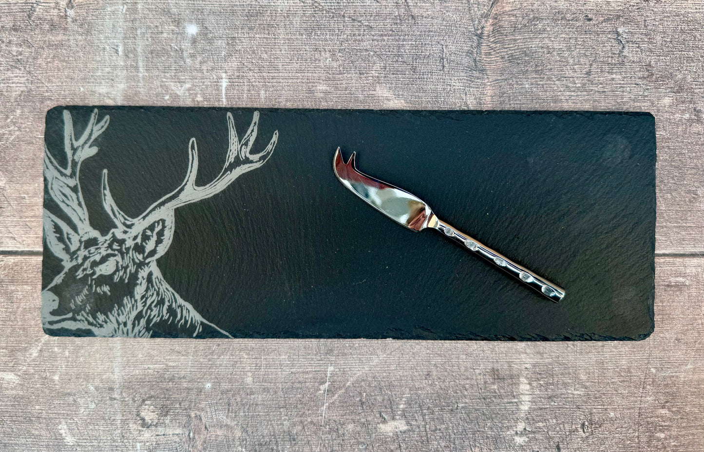 Set of 4 Stag Slate Boards and Cheese Knives Set