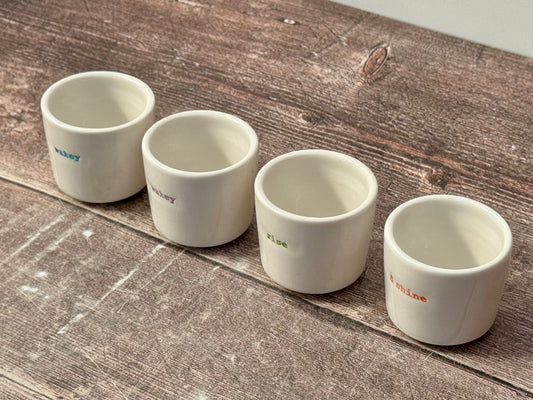 Set of 4 ‘wakey wakey rise and shine’ Egg Cups