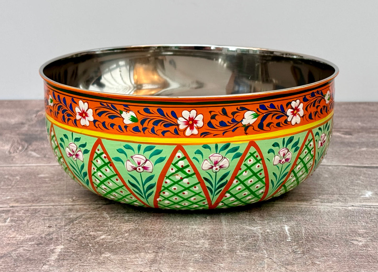 Hand Painted Stainless Steel Serving Bowl / Dish - Green and Orange (Design 5)