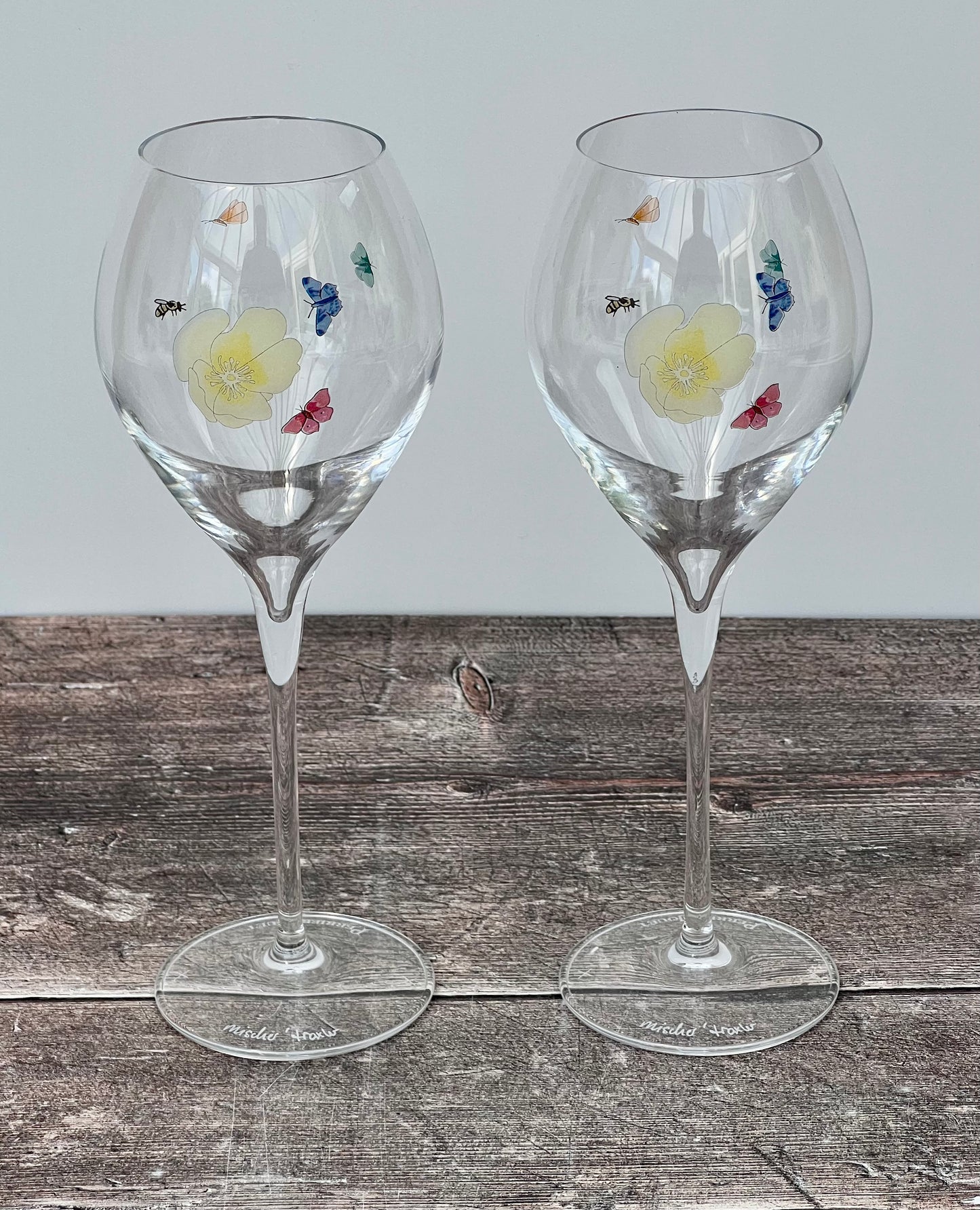 Pair of Perrier-Jouet Mischer Traxler Yellow Flower Champagne Glasses