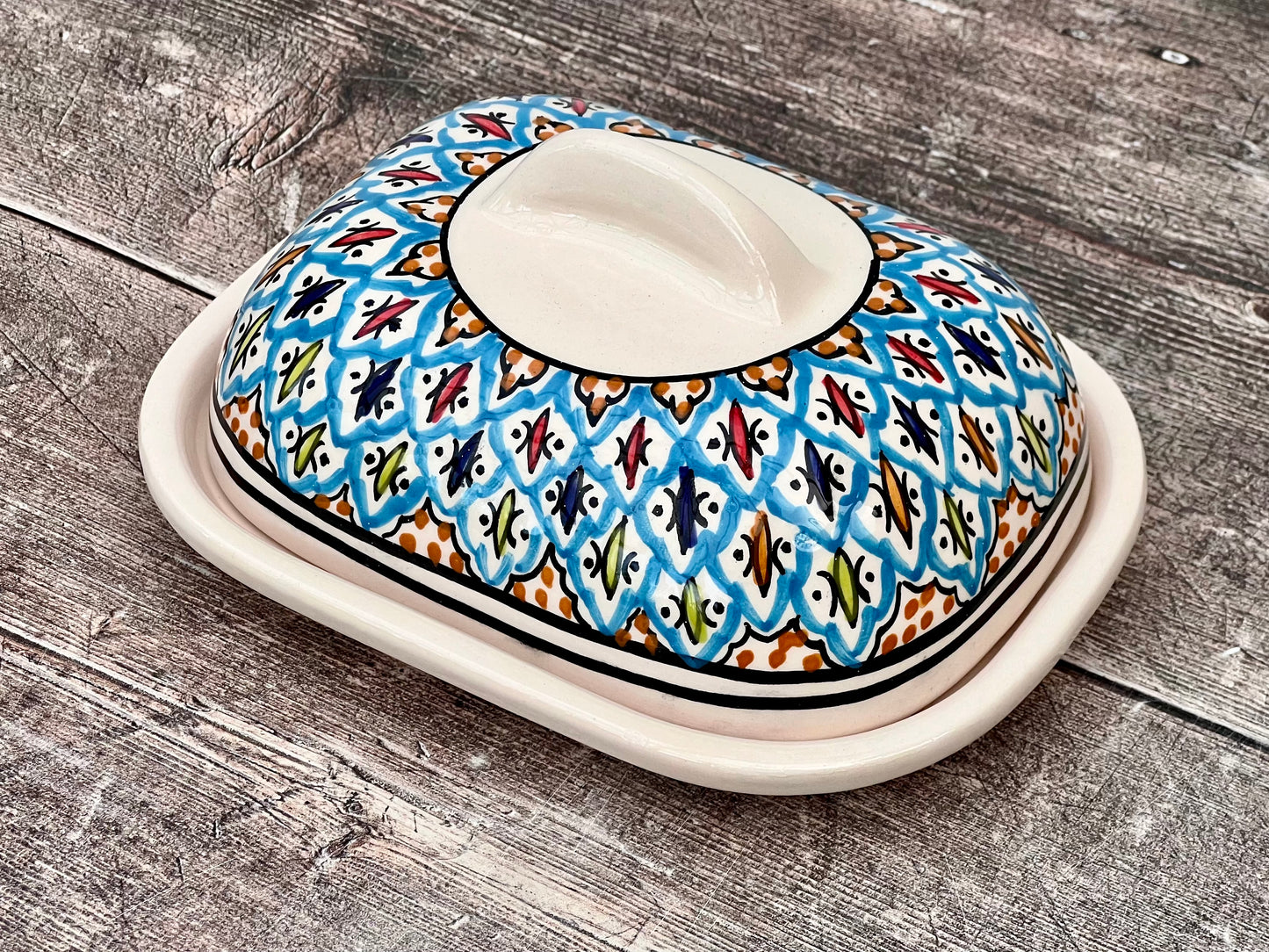 Multi-Coloured Patterned Butter Dish, Design 3