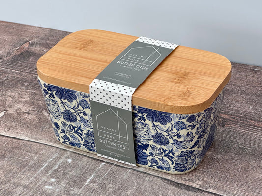 Scandi Home Blue Flower Patterned Butter Dish with Wooden Lid