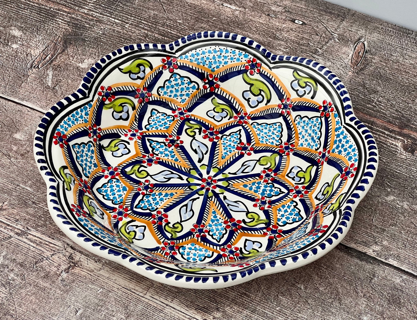 Dark Blue Patterned Flower Shaped Plate, 24cm