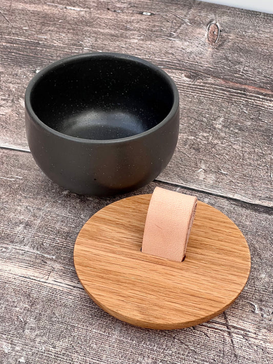 Dark Grey Salt Cellar/Pot with Oak Lid, 9cm