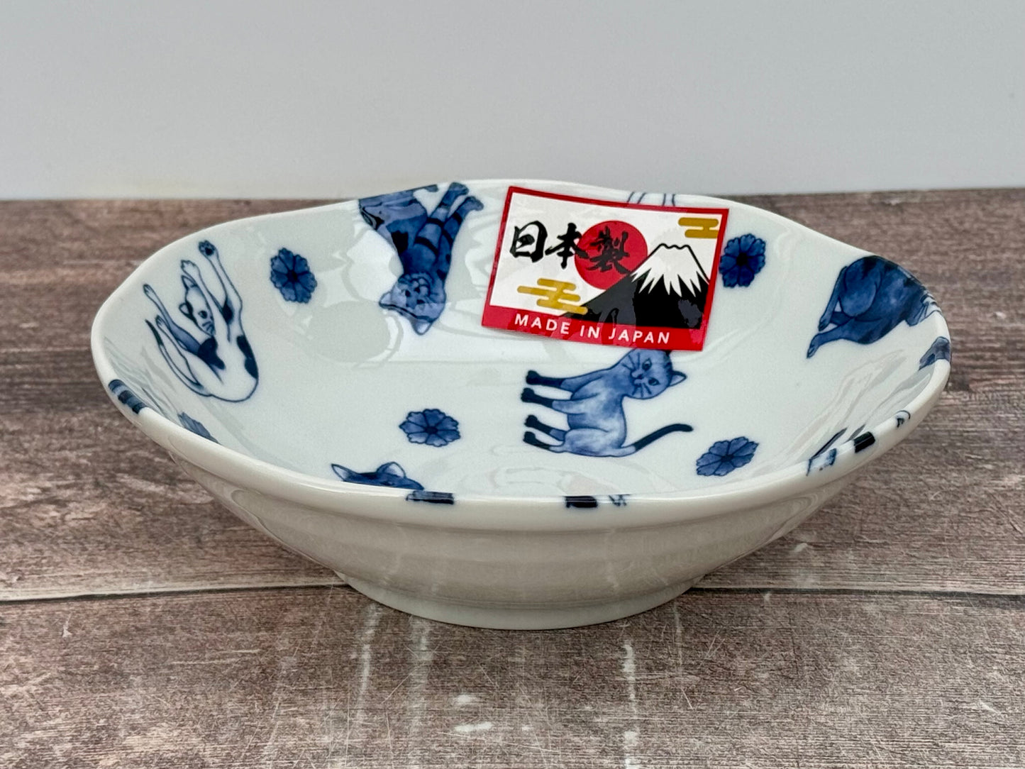 Blue and White Cat Patterned Japanese Bowl, 16.5cm