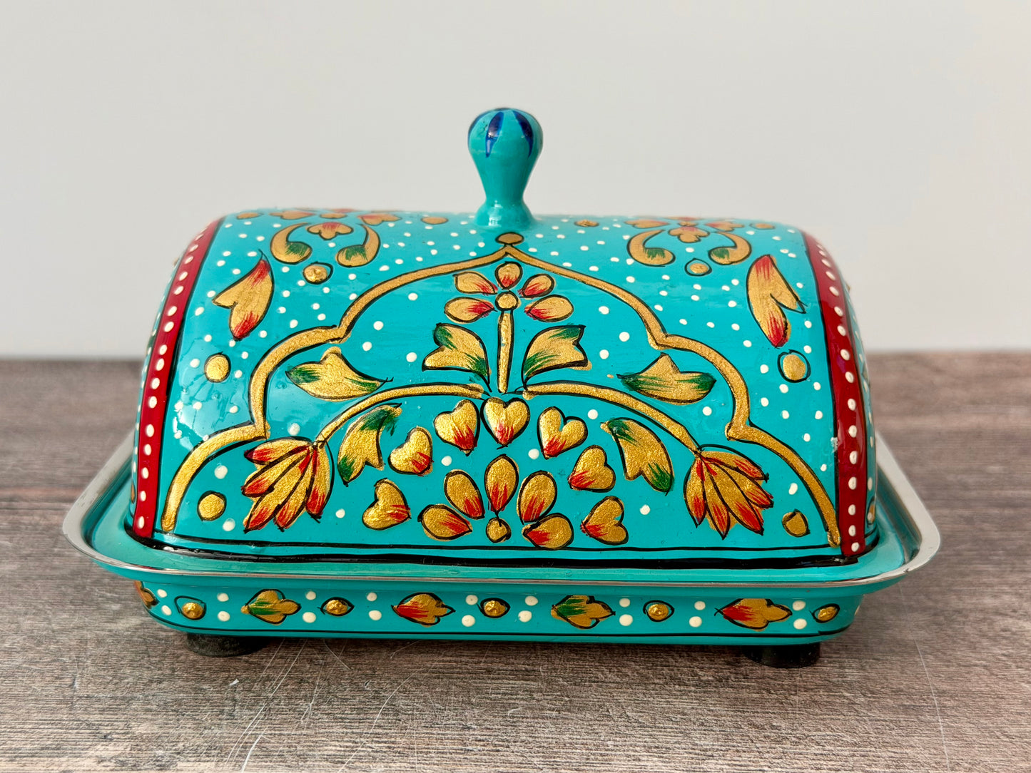 Handpainted Blue Patterned Butter Dish