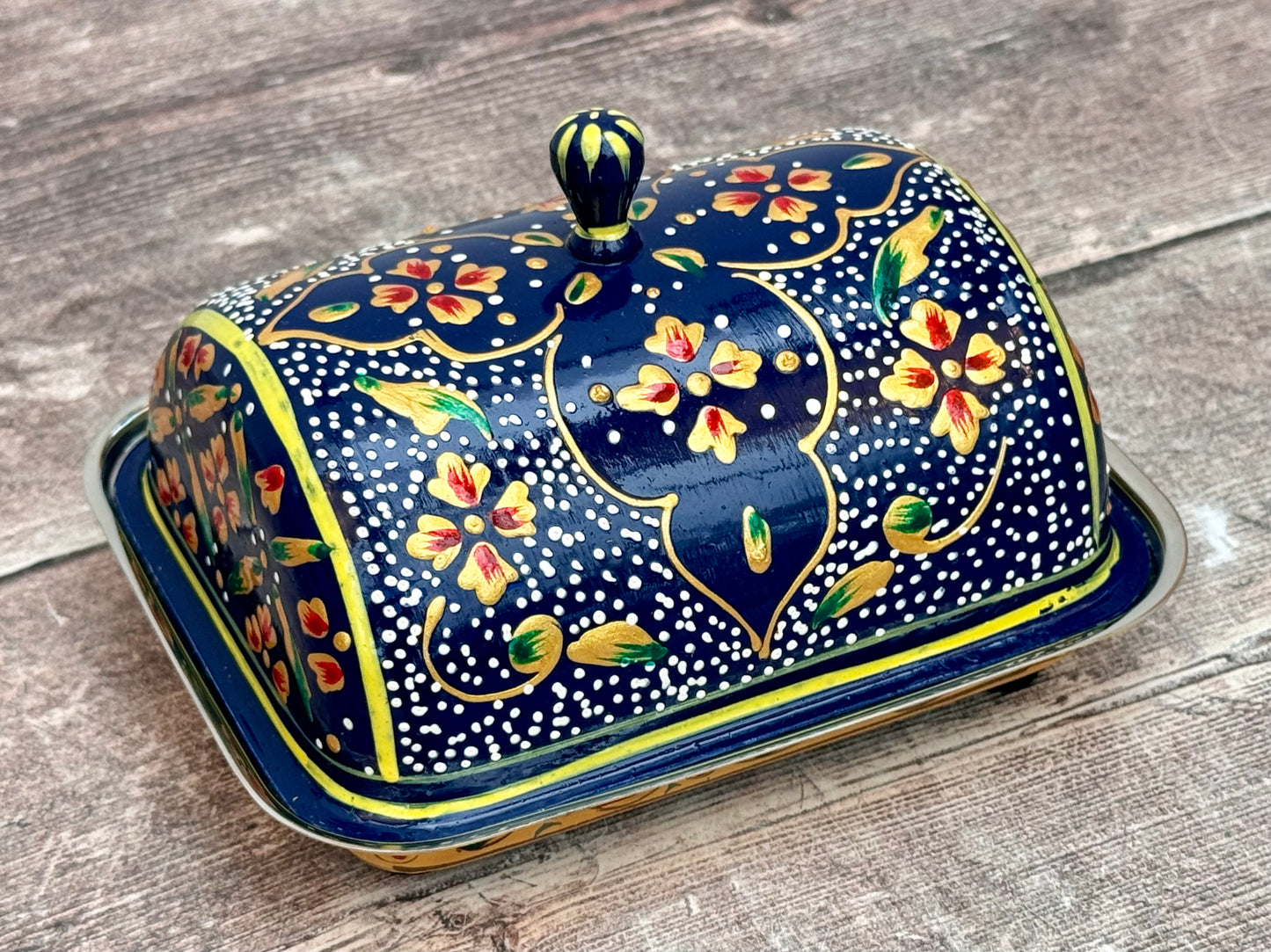 Handpainted Navy Patterned Butter Dish