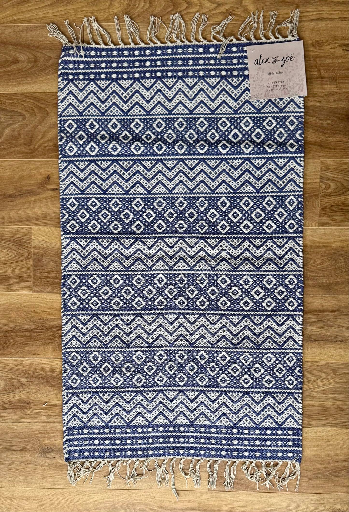 Blue and White Geometric Patterned Rug, 69cm x 114cm