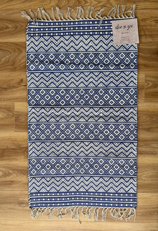 Blue and White Geometric Patterned Rug, 69cm x 114cm