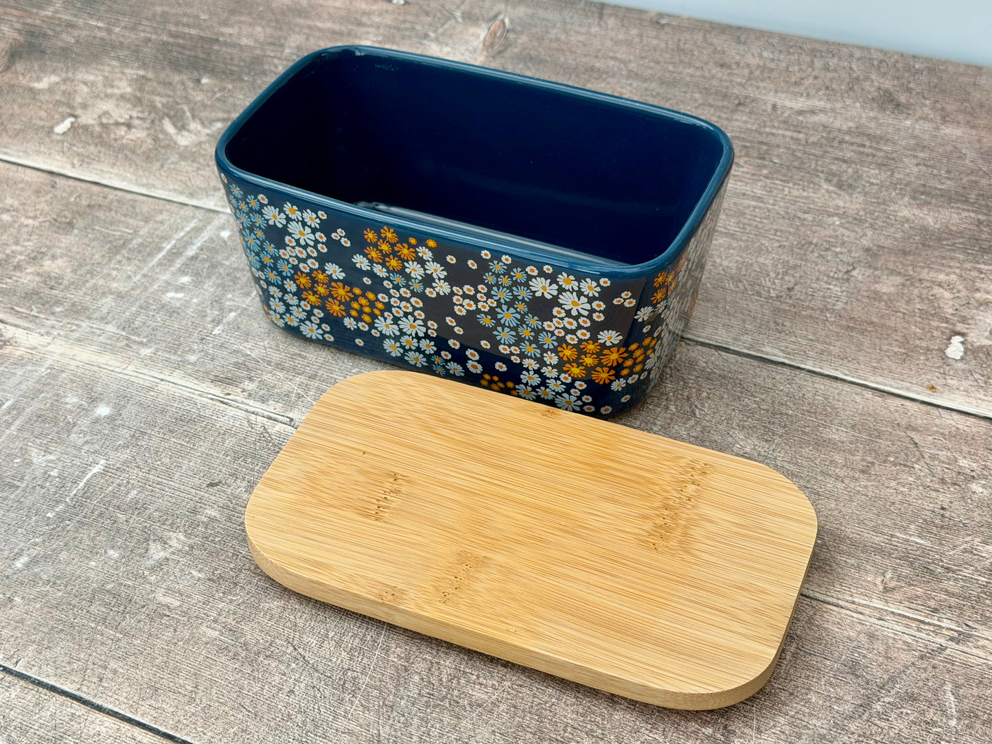 Scandi Home Navy Flower Patterned Butter Dish with Wooden Lid