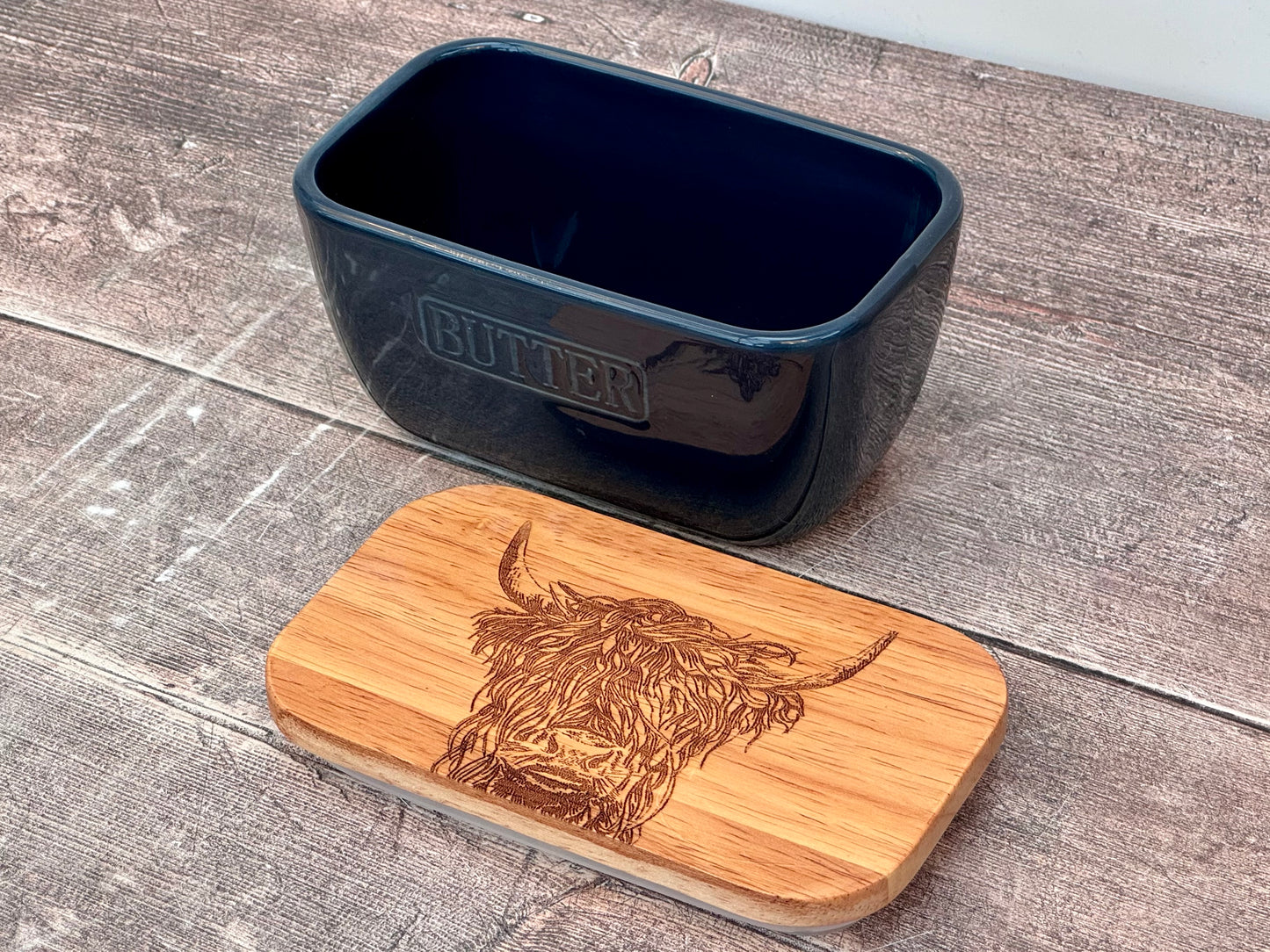 Highland Cow Blue Butter Dish