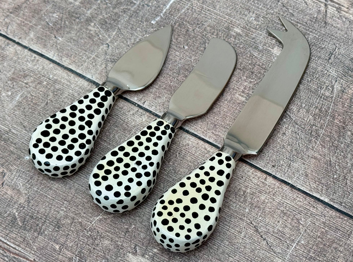 Cheese Knife Set with hand painted handles - White and Black Spotty Design