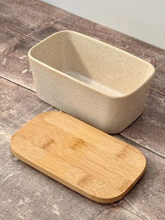 Scandi Home Cream Butter Dish with Wooden Lid