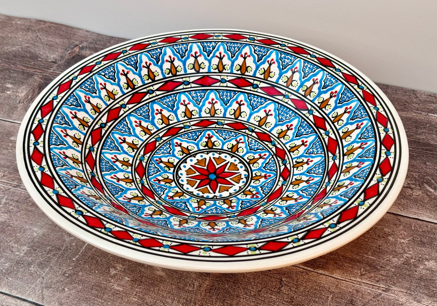 Red Patterned Bowl with Flat Rim, 38cm