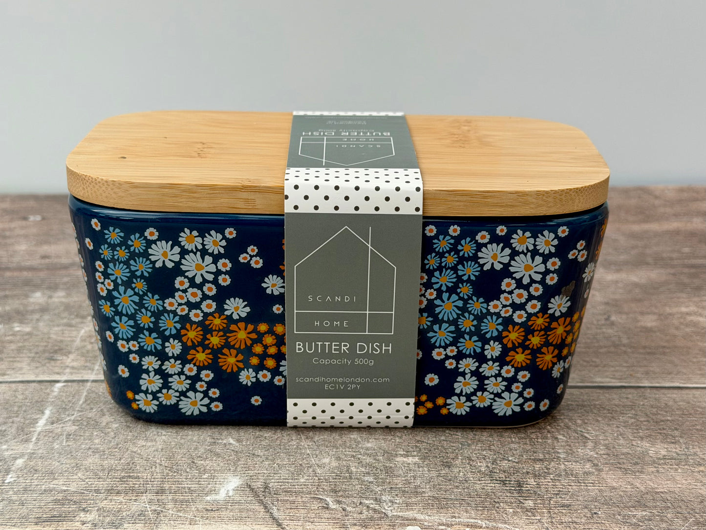 Scandi Home Navy Flower Patterned Butter Dish with Wooden Lid